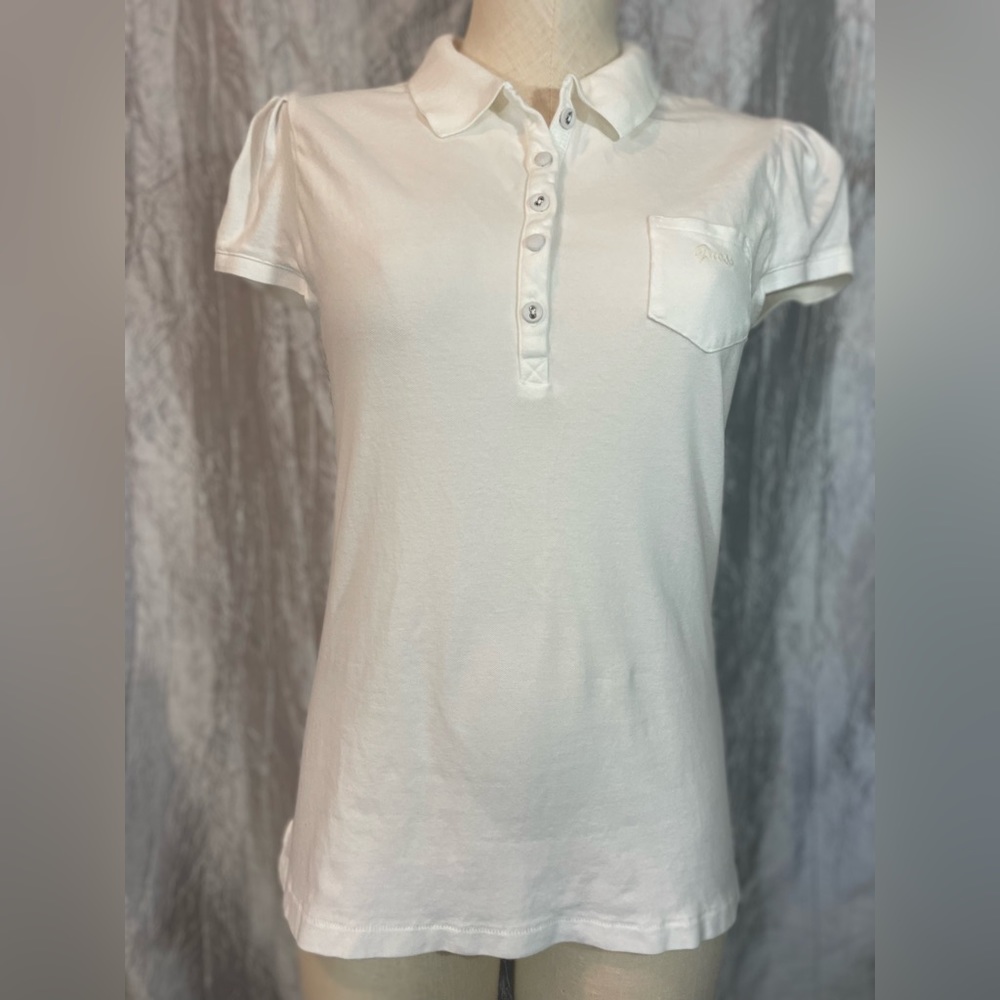 Guess cotton fitted polo shirt with puffed sleeves & fabric covered buttons M